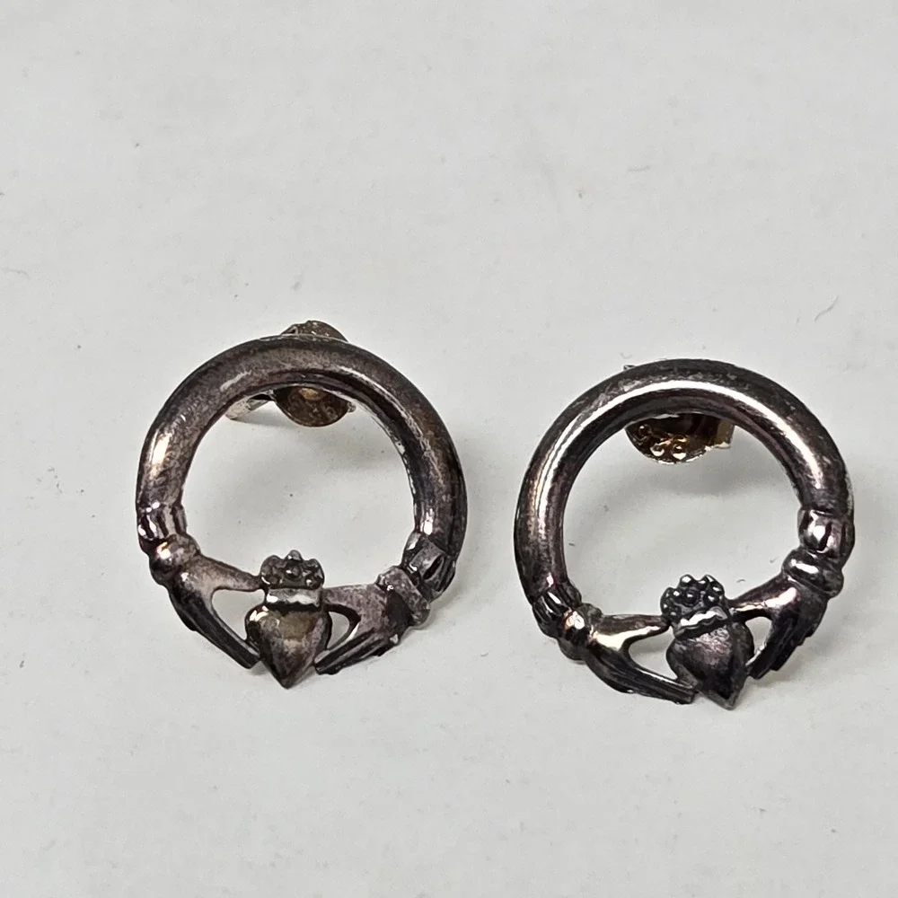 Vintage Sterling Silver Claddagh Hoop Stud Earring Irish Love Loyalty Friendship